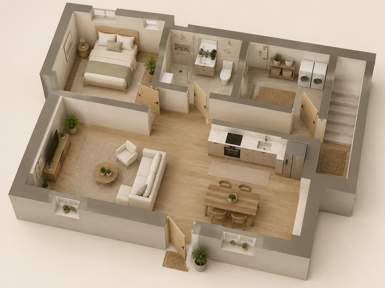 3D-vy av en möblerad planlösning
